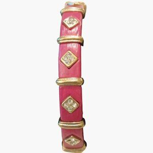 Vintage Pink Enamel Gold Tone Bracelet Rhinestone Accents
